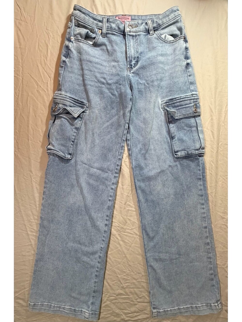 Juicy Couture Cargo Jeans Women’s 7/28 Light Wash Wide Leg Y2K Logo Denim